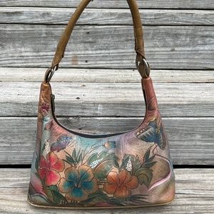 Anuschka Hibiscus Handbag Hand Painted Floral Leather Purse